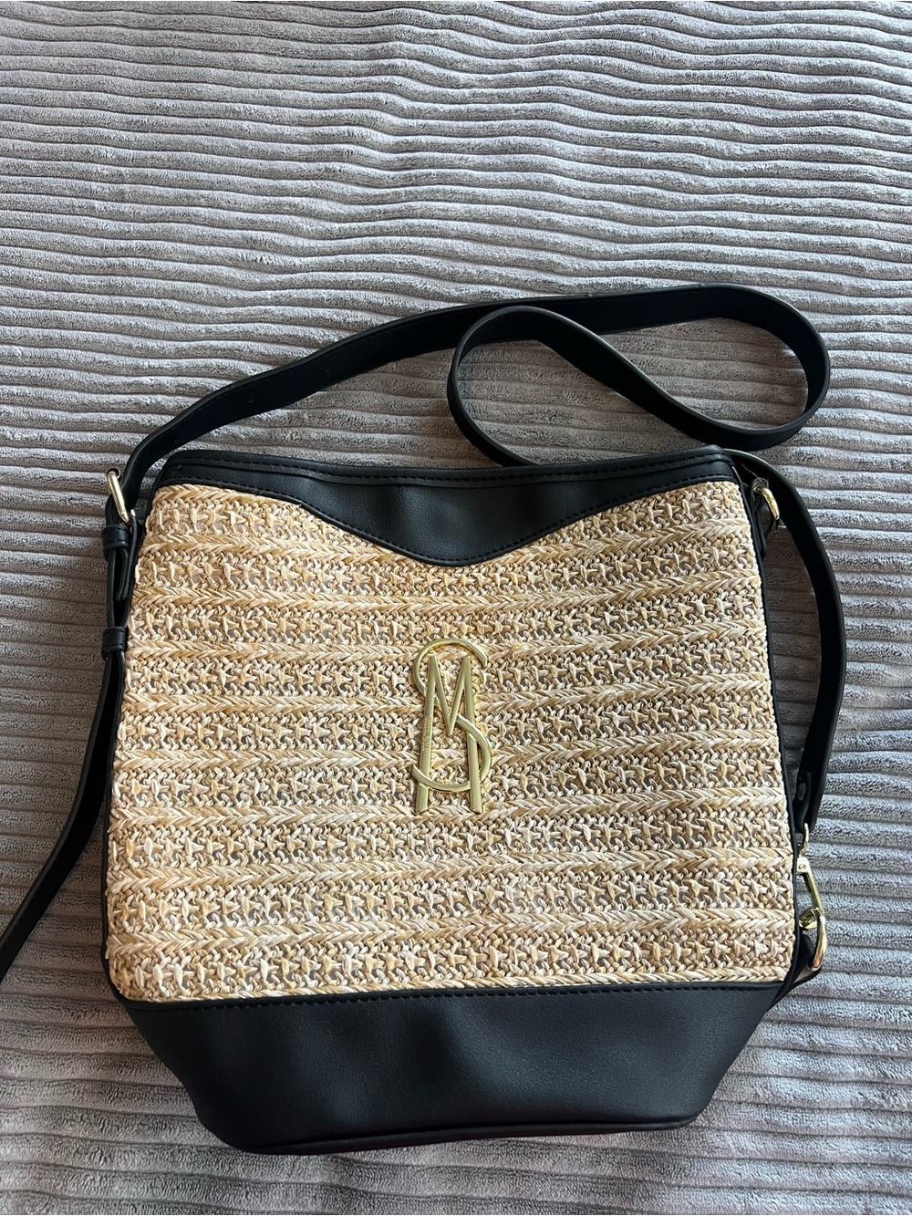 Steve Madden Black & Natural Straw Crossbody with Gold Logo